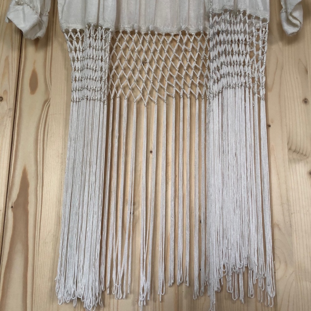 Off White Kimono w/ Fringe and Embroidered Flowers - Picture 6 of 12